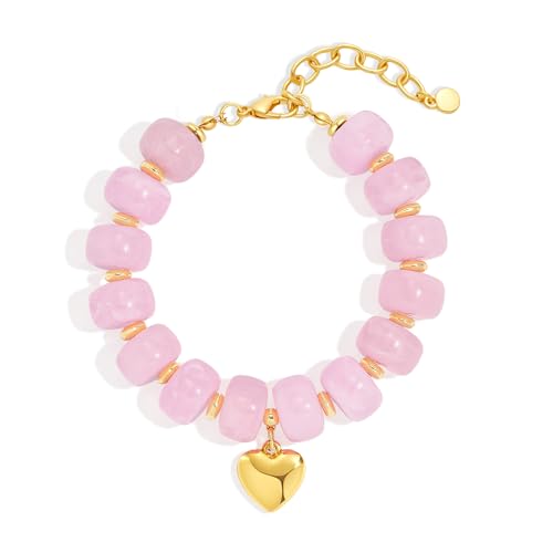 WOWORAMA Colorful Beaded Bracelets for Women Multicolor Acrylic Resin Beads Bracelet with Heart Charm Boho Statement Chunky Bracelet Summer Holiday Jewelry - color: Heart-Pink