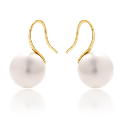Pearl Drop Earrings for Women | S925 Sterling Silver-plated Hook Dangle Earrings, Lightweight Hypoallergenic Classic Round Pearl Jewelry Gift - color: Gold Hook-White Pearl, size: 10mm