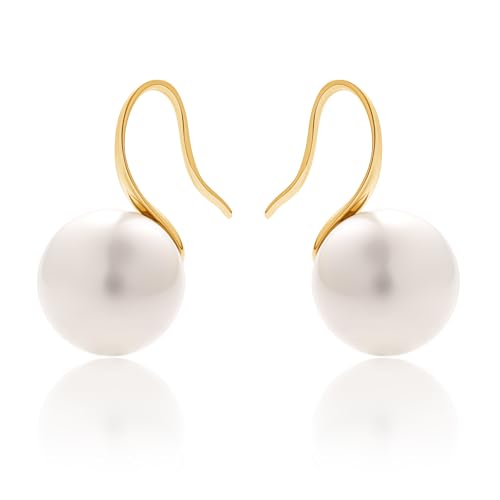 Pearl Drop Earrings for Women | S925 Sterling Silver-plated Hook Dangle Earrings, Lightweight Hypoallergenic Classic Round Pearl Jewelry Gift - color: Gold Hook-White Pearl, size: 12mm