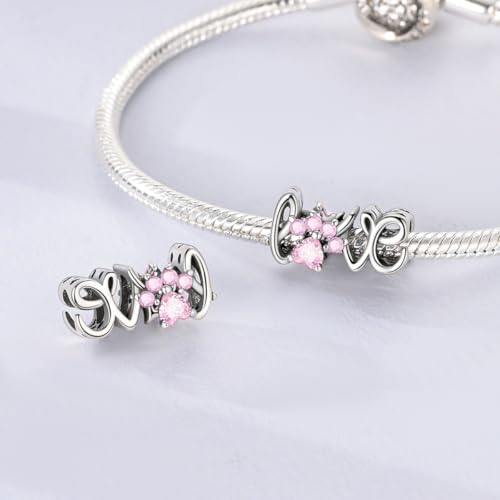 Hapour 925 Sterling Silver Charm for Bracelet Necklace Women Pendant Beads | Virgin Mary Charm, Religious Cross Heart Dragon European Jewelry Mom Charm - color: Pink Paw LOVE