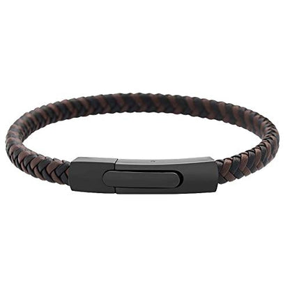 Geoffrey Beene Men's Braided Genuine Leather Fashion Bangle Bracelet with Stainless Steel Clasp - color: Brown