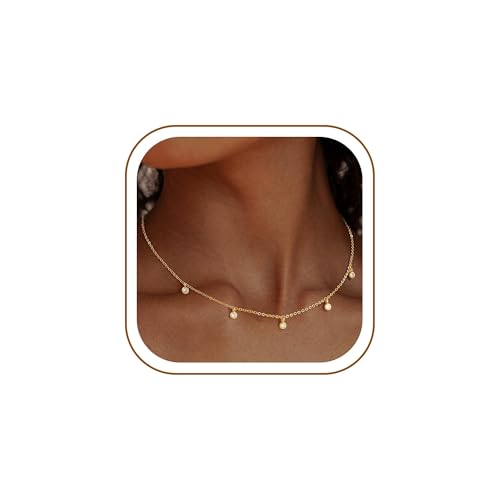 Ursteel 14K-Gold-Plated Necklace for Women Girls, Cute Daisy Pearl Necklace for Girls Clover Butterfly Cubic Zirconia Flower Evil Eye Station Necklaces for Women Teen Girl Gifts - color: Round Zircon