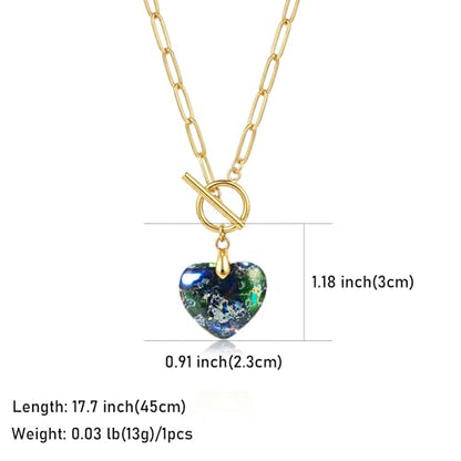 Puff Heart Healing Stone Necklace for Women, 14K Gold Plated Choker Paperclip Stainless Steel Chain, Colorful Natural Stone Boho Necklace Jewelry Gift for Women - color: Blue Stone-Gold