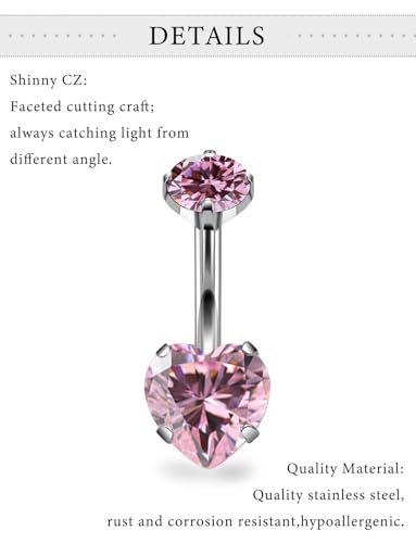 Long Belly Button Rings Surgical Steel Belly Button Ring 14mm Navel Rings for Women 14G Long Bar Navel Piercing Jewelry Heart Crystal - color: 1pc,14g,14mm bar,pink