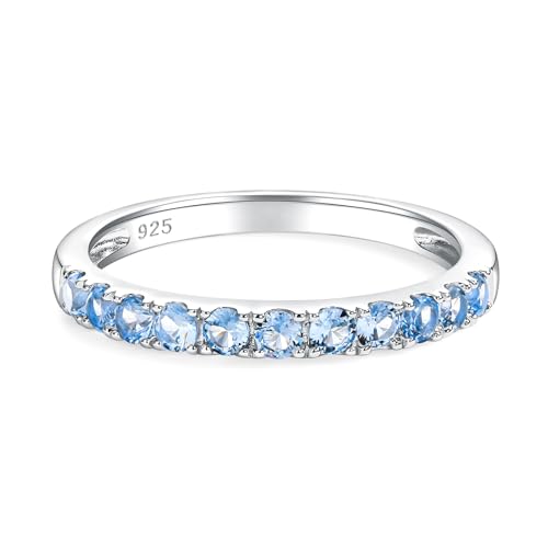 Bezel Set Birthstone Wedding Band 14K Gold Sterling Silver Stackable Half Eternity Band Rings 2.5mm Wide Ruby/Amethyst/Sapphire/Emerald Green/Aquamarine Ring for Women, Send Gift Box - style: 03-Created Aquamarine