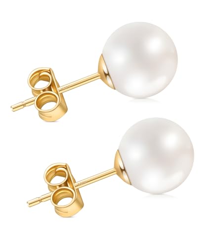 Pearl Earrings for Women, Hypoallergenic 925 Silver Post Studs | Shell Pearl Stud Earrings, Nickel-Free, 18K Yellow-Gold Plated Sterling Silver for Birthday Anniversary Wedding Daily Wear - color: Gold, size: 8mm