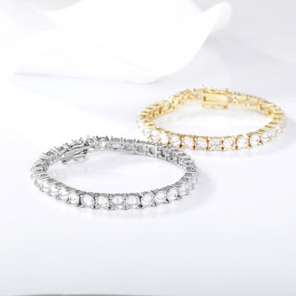 TOPGRILLZ Tennis Bracelets for Women Men, 1 Row 5 mm Cubic Zirconia Bracelet, Iced out Reverse-Set Stone, Box Clasp Anniversary Fashion Jewelry 7-8 Inches - color: Gold Clear