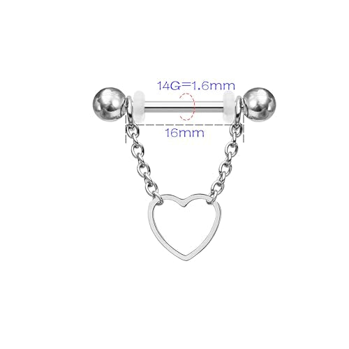 14G 2Pcs Heart Nipple Rings with Chain 316L Stainless Steel Nipple Barbells Nipple Piercing Jewelry for Women Men