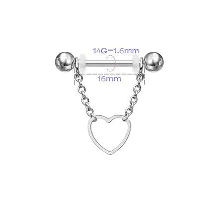 14G 2Pcs Heart Nipple Rings with Chain 316L Stainless Steel Nipple Barbells Nipple Piercing Jewelry for Women Men