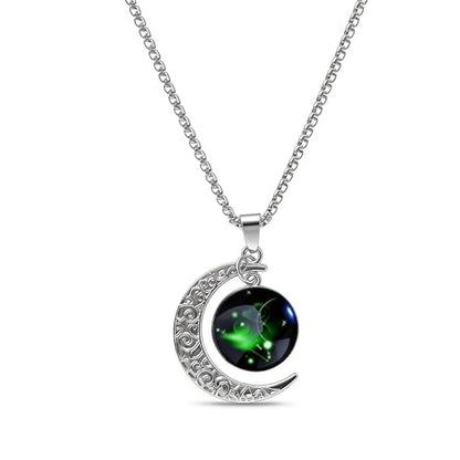 Stainless Steel Mens Necklace 12 Zodiac Moon Galaxy Pendant Necklace,22.8 Inch Stainless Steel Chain, 1.13 Inch Aries/Pisces Celestial Crescent Moon Star Sign Charm Jewelry - style: Aries（3.21-4.19）