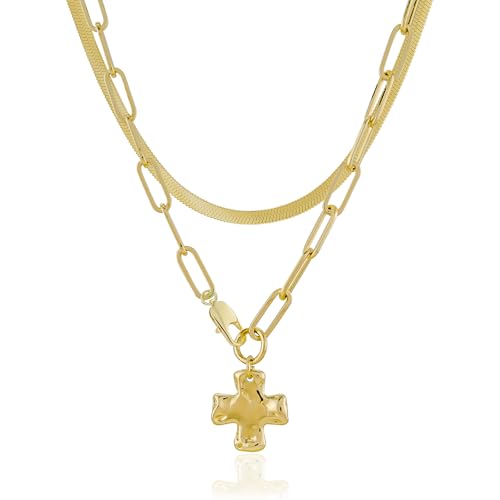 Bheop Chunky Cross Necklace for Women, 14K Gold Silver Statement Necklace | Sturdy Paperclip Chain, Hammered Pendant, Vintage Charm, Trendy Costume Jewelry, Faith Christian Religious Gift, Non Tarnish - style: GD-2PCS/0.8 inch Cross+Herringbone Necklace