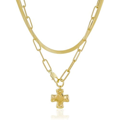 Bheop Chunky Cross Necklace for Women, 14K Gold Silver Statement Necklace | Sturdy Paperclip Chain, Hammered Pendant, Vintage Charm, Trendy Costume Jewelry, Faith Christian Religious Gift, Non Tarnish - style: GD-2PCS/0.8 inch Cross+Herringbone Necklace