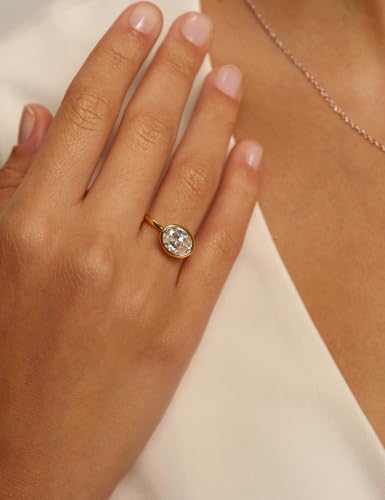 EAMTI 3CT Engagement Rings for Women Oval Cut CZ Solitaire Promise Wedding Bands Travel Bezel East West Ring 14K Gold Plated Size 4-10 - color: Brass-Gold