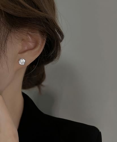 Reffeer Solid 925 Sterling Silver 6MM Cubic Zirconia Earrings Stud for Women Teens CZ Post Stud Earrings Hypoallergenic - color: A-Silver