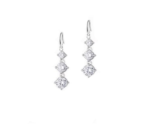 Savlano 14K White Gold Plated Three Cubic Zirconia Crystal Round Cut Dangle Earrings For Women