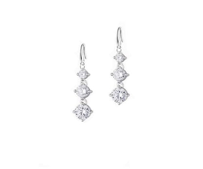 Savlano 14K White Gold Plated Three Cubic Zirconia Crystal Round Cut Dangle Earrings For Women