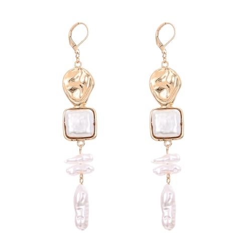 Statement Pearl Dangle Earrings,Gold and Large Pearl,Luxury Chandelier Organic Style Earrings - color: K gold and white