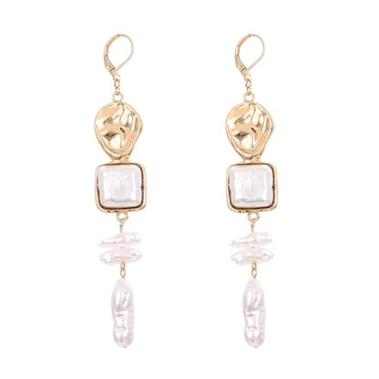 Statement Pearl Dangle Earrings,Gold and Large Pearl,Luxury Chandelier Organic Style Earrings - color: K gold and white