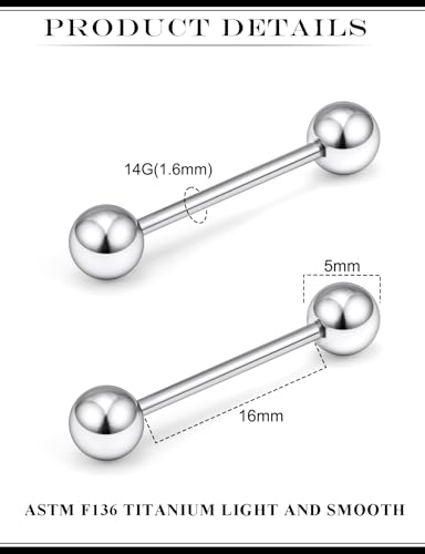 2G 4G 6G 8G 10G 12G 14G 16G Astm F136 Titanium Internally Threaded Nipple Tongue Rings Piercing Jewelry Industrial Straight Barbell Tongue Nipple Ring Bridge Piercing Jewelry For Women Men - size: 14 Gauge-16MM