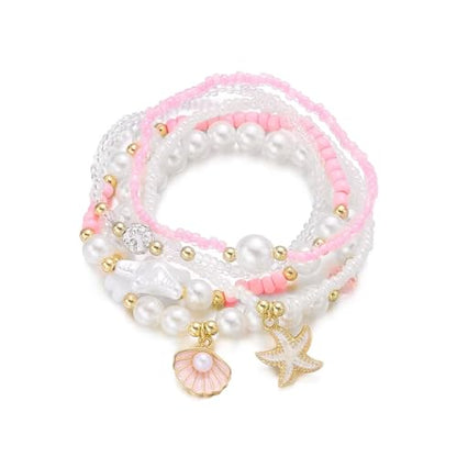 Boho Stackable Beaded Bracelet Set, Pink, Starfish Shell Pearl Charms, Elastic Handmade Layered Stretch Bracelets, Summer Beach Holiday Jewelry for Women - color: Pink C