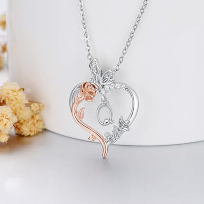 TOUPOP Gifts for Women Her 925 Sterling Silver Rose Heart Initial Necklace Butterfly Heart Jewelry Anniversary Birthday Gifts for Wife Girlfriend Mom - color: Q Initial