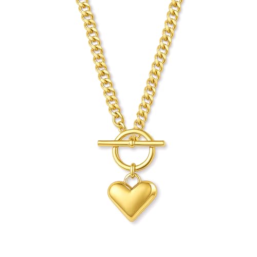 Zeffy 14K Gold/Silver Plated Chunky Thick Chain Toggle Clasp Necklace Dainty Baroque Pearl/Heart/Cross/Turquoise Pendant Necklace - color: Gold Small Heart Necklace