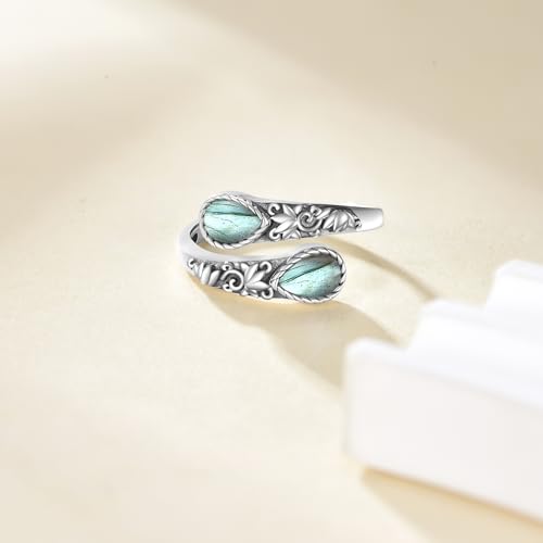 Ring for Women Sterling Silver Adjustable Band Open Rings Jewelry Gifts for Girls - style: Lotus-Labradorite