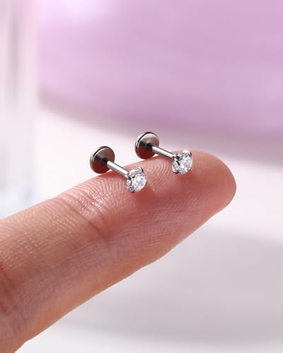 2PCS 20G/18G/16G Titanium Flat Back Nose Studs Internally Thread Cartilage Earring Studs Clear CZ Helix Tragus Earrings for Women Medusa Labret Stud Conch Piercing Jewelry Hypoallergenic - size: 1.0*6mm