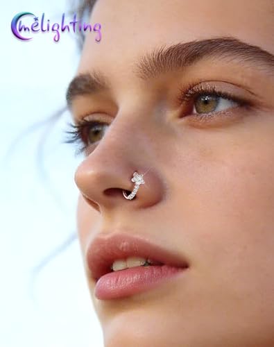 Melighting 20G Butterfly Nose Ring Hoop 8 mm Open Seamless Nose Piercing Jewelry Surgical Steel 316L, Twist Nostril Ring with Marquise and Round CZ, Silver Flower Body Piercing for Women - style: Flower