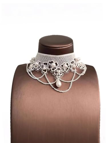Lace Choker Necklace for Women Tassel Pendant Choker Necklaces Elegant Boho Collar Necklaces Statement Artistic Chain Necklace with Pearl Halloween Party Cosplay Costume Jewelry - color: White Lace pearl-3