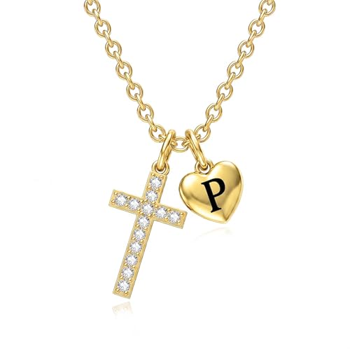 14K Gold Cross Necklace for Women Initial Letter Pendant Necklaces for Women, 14K Gold Dainty Simple Monogram Alphabet Necklace with Cable Chain, Birthday Gifts for Women - style: 14K Gold P
