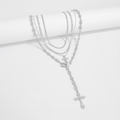 Silvery Layered Necklace for Women, Y Necklace with Cross Pendant, Dainty Stackable Jewelry Gift for Everyday Wear - style: 4PCS - Cuban Chain&Paper clip chain&Cross&Cross Flower Chain