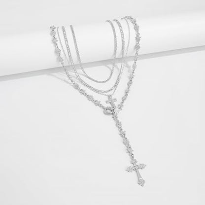Silvery Layered Necklace for Women, Y Necklace with Cross Pendant, Dainty Stackable Jewelry Gift for Everyday Wear - style: 4PCS - Cuban Chain&Paper clip chain&Cross&Cross Flower Chain