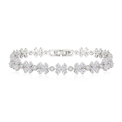 Crysdue Marquise Teardrop Cubic Zirconia Wedding Bridal & Prom Tennis Bracelets for Brides Bridesmaids, Silver/Gold/Rose Gold Plated Bracelet Gifts for Women - style: D_Silver 7.3"