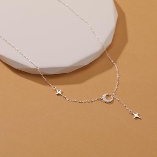 Dainty Crescent Moon Star Necklace for Women 925 Sterling Silver Y Shape Drop Lariat Necklace Trendy Pendant Choker Necklace Jewelry Birthday Ramadan Mothers Day Jewelry Gifts - color: Silver