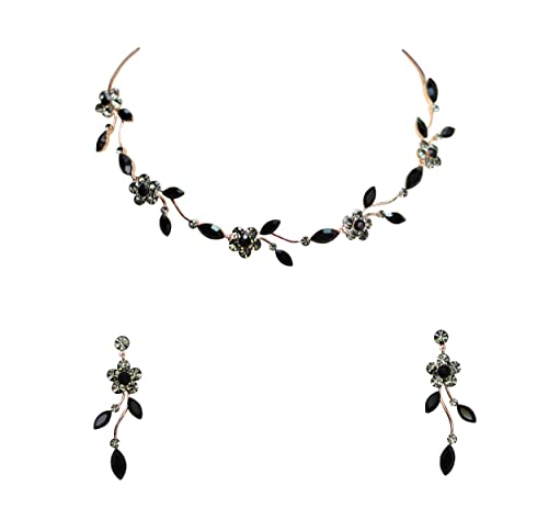 Faship Gorgeous Rhinestone Crystal Floral Necklace Earrings Set - color: Black / Rose Gold Plated