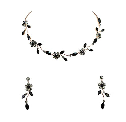 Faship Gorgeous Rhinestone Crystal Floral Necklace Earrings Set - color: Black / Rose Gold Plated