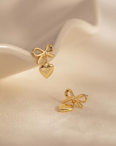 Stud Earrings for Women- 14K Gold/White Gold Plated/Black Bow Dragon Softball Snake Bat Stud Earrings - color: Bow Heart