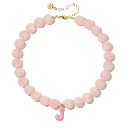 DoDoBeads Chunky Colorful Beaded Initial Necklace, Bubble Letter Choker | Gift box and dust pouch included; waterproof and sweat-resistant with real gold plated stainless steel hardware - color: Pink-J