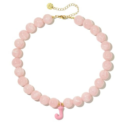 DoDoBeads Chunky Colorful Beaded Initial Necklace, Bubble Letter Choker | Gift box and dust pouch included; waterproof and sweat-resistant with real gold plated stainless steel hardware - color: Pink-J