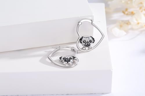 LES OSEWA Dog Animal Earrings Sterling Silver Animal Heart Hoop Dangle Earrings Cute Jewelry Gifts for Women - color: Pug