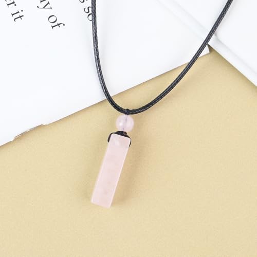 weryerker Natural Gemstone Pendant Necklace for Men, Healing Crystal Pendant, Cuboid Amulet Pendant with Adjustable Wax Rope - color: Rose Quartz