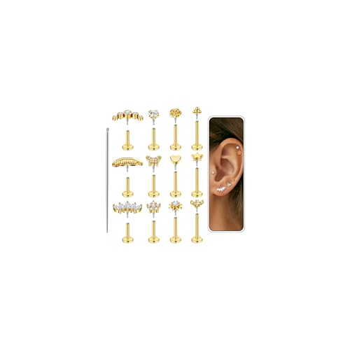 12Pcs 16G/18G Flat Back Cartilage Stud Earrings 18K Gold Plated Helix Stud Earrings for Women 316L Surgical Steel Internally Thread Hypoallergenic Labret Tragus Conch Lip Piercing Jewelry - color: Gold, size: 18G(1.0mm)