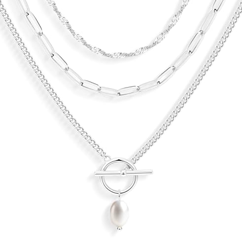 Poxtex Layered Gold Necklaces for Women, Stackable Dainty 14K Gold Silver Plated Trendy Simple Heart Diamond Cross Bow Circle Pendant Paperclip Choker Dot Chain Necklace,Jewelry Set Gifts for Women - color: Silver, style: Pearl1