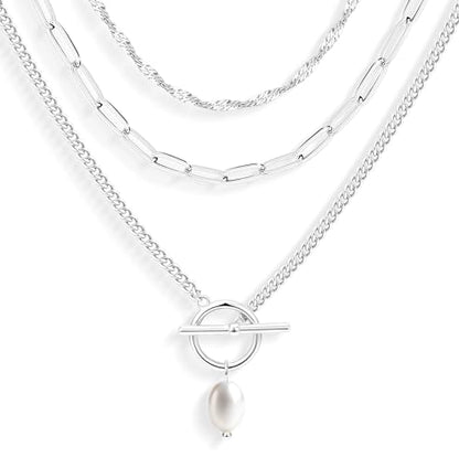 Poxtex Layered Gold Necklaces for Women, Stackable Dainty 14K Gold Silver Plated Trendy Simple Heart Diamond Cross Bow Circle Pendant Paperclip Choker Dot Chain Necklace,Jewelry Set Gifts for Women - color: Silver, style: Pearl1