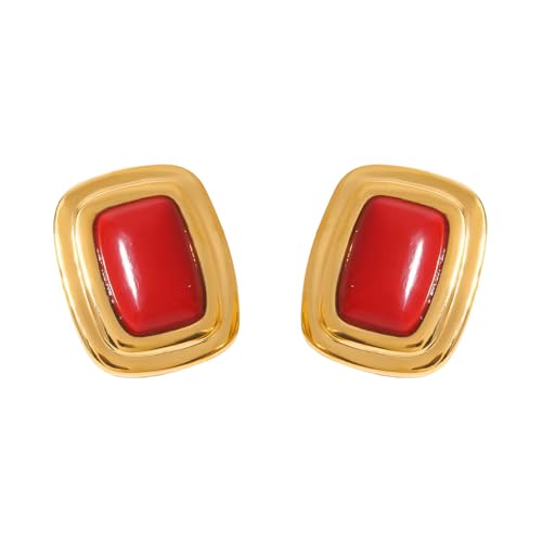 Chunky Rectangle Black Onyx Big Stud Earrings for Women Vintage Stainless Steel 14k Gold Plated Square Geometric Statement Studs Sensitive Ears Hypoallergenic Fashion Trendy Jewelry for Her - color: Red