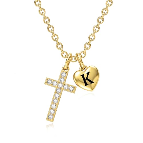 14K Gold Cross Necklace for Women Initial Letter Pendant Necklaces for Women, 14K Gold Dainty Simple Monogram Alphabet Necklace with Cable Chain, Birthday Gifts for Women - style: 14K Gold K