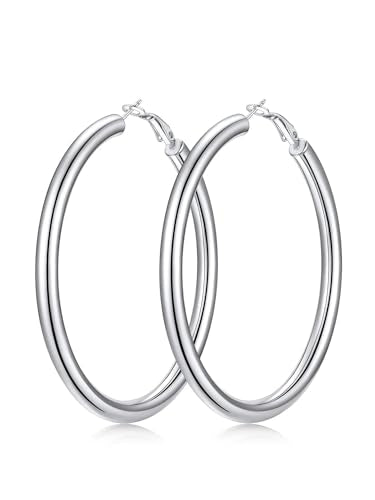 FaithHeart Silver/Black/Gold Stainless Steel Chunky Hoop Earrings for Women | Hypoallergenic Lightweight Hoop Earrings, Trendy Statement Thick Hoop, 20/30/40/50/60/70/80mm - color: Silver, size: 70mm