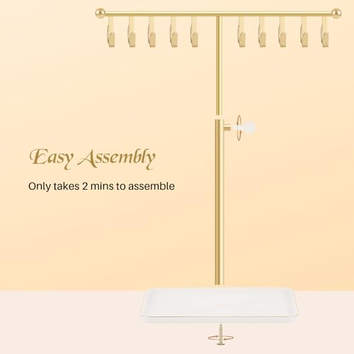 Necklace Holder Elegant Jewelry Holder Stand, Gold Necklace Organizer Rack with Ceramic Base Adjustable Jewelry Tree for Bracelets, Rings, Earrings Necklaces Hanger Display(Gold)