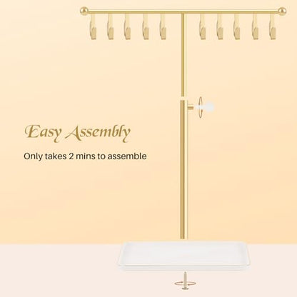 Necklace Holder Elegant Jewelry Holder Stand, Gold Necklace Organizer Rack with Ceramic Base Adjustable Jewelry Tree for Bracelets, Rings, Earrings Necklaces Hanger Display(Gold)
